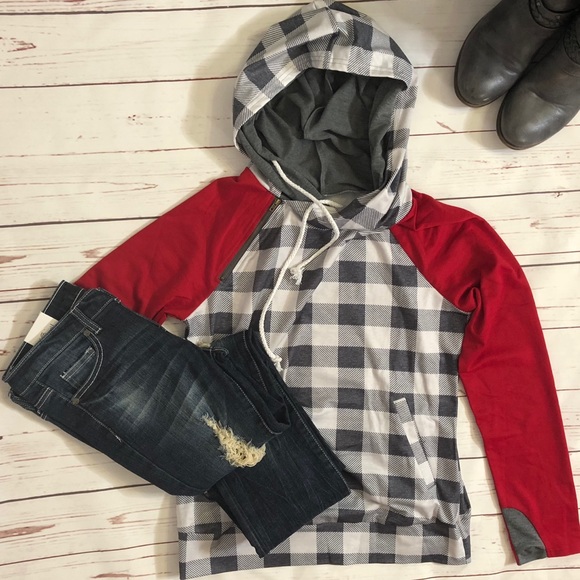 Black White Grey Red Plaid Double Hooded Hoodie - Picture 7 of 8
